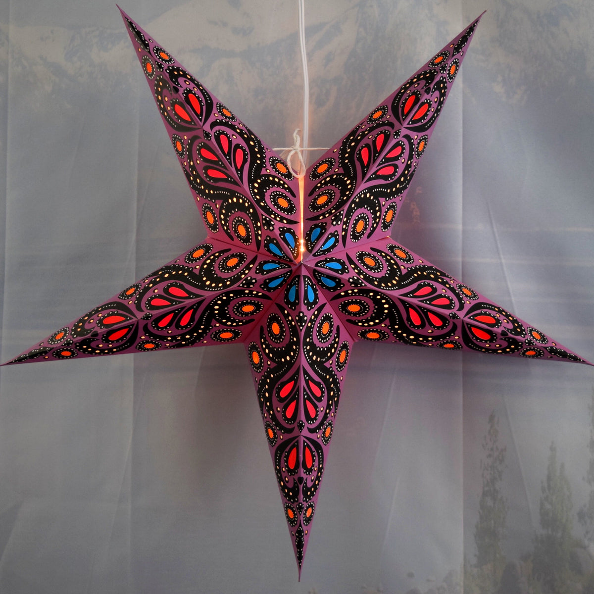 24 Inch Paper Star Lantern, Purple Astral Bloom KIT with Pendant Light Included