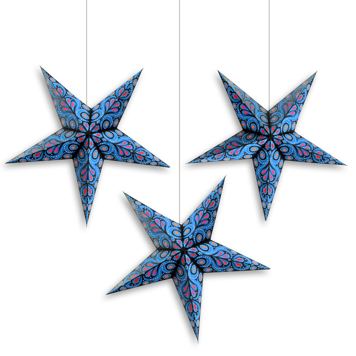 3-PACK | 24 Inch Paper Star Lantern, Blue Astral Bloom KIT with Triple Pendant Light Included