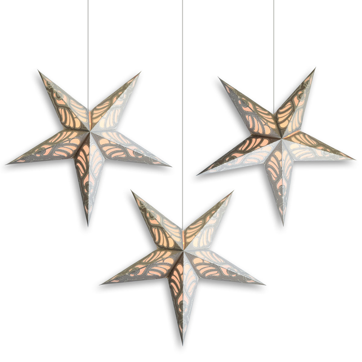 3-PACK | 24 Inch Paper Star Lantern, White Radiant Dawn Glitter KIT with Triple Pendant Light Included