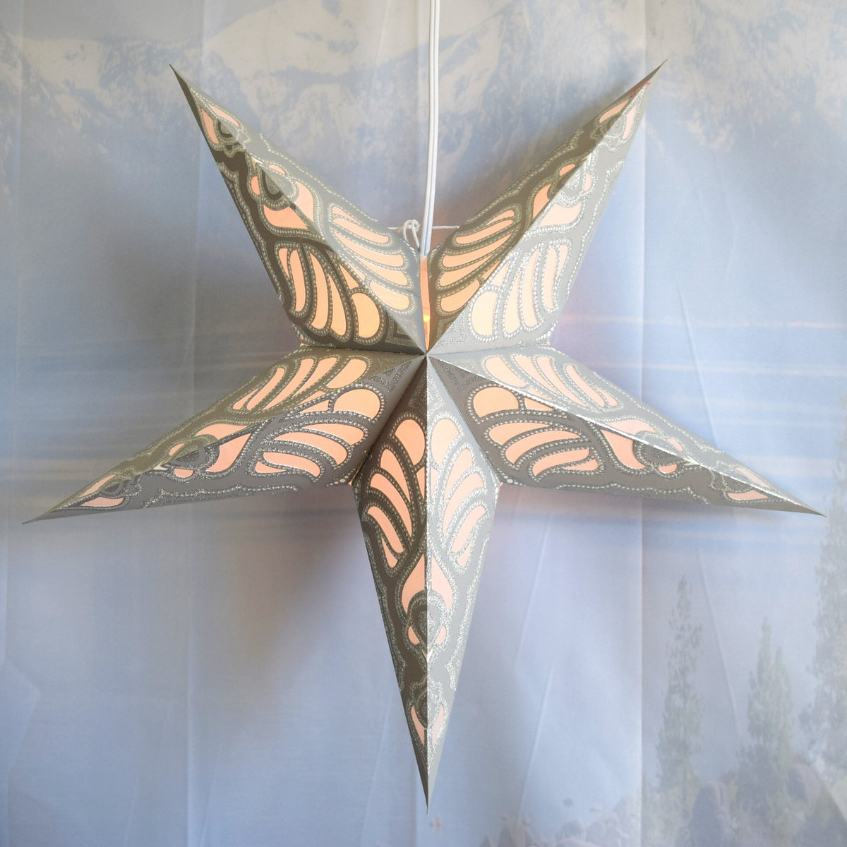 24 Inch Paper Star Lantern, White Radiant Dawn Glitter KIT with Pendant Light Included