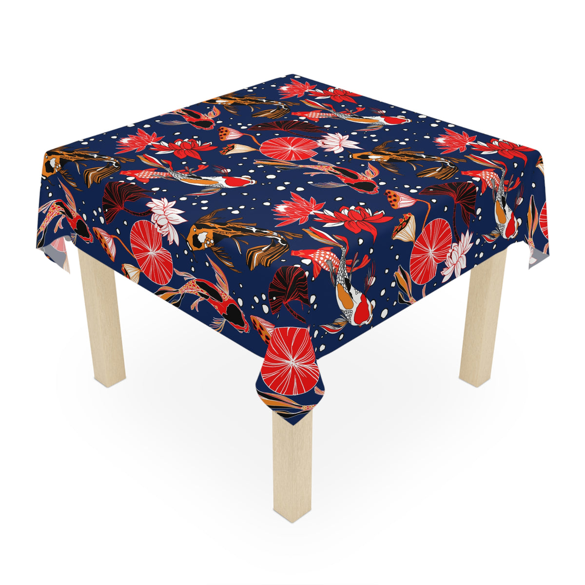 Decorative Tablecloth with Tropical Koi Fish Pond Design, Durable Polyester (55.1&quot; x 55.1&quot;)