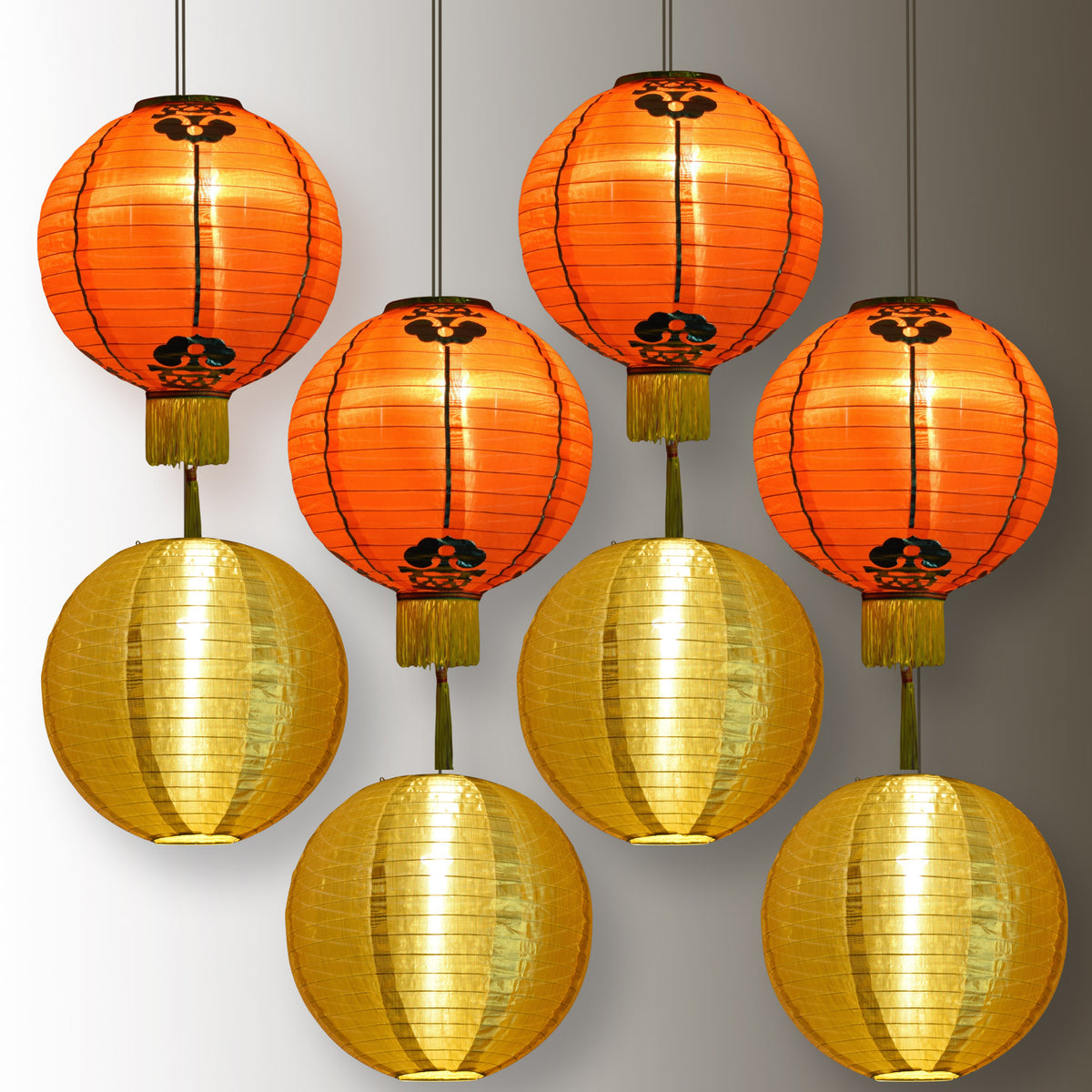 8 PACK | Chinese Lunar New Year Prosperity Nylon Lanterns, Red Gold Hanging Combo Set