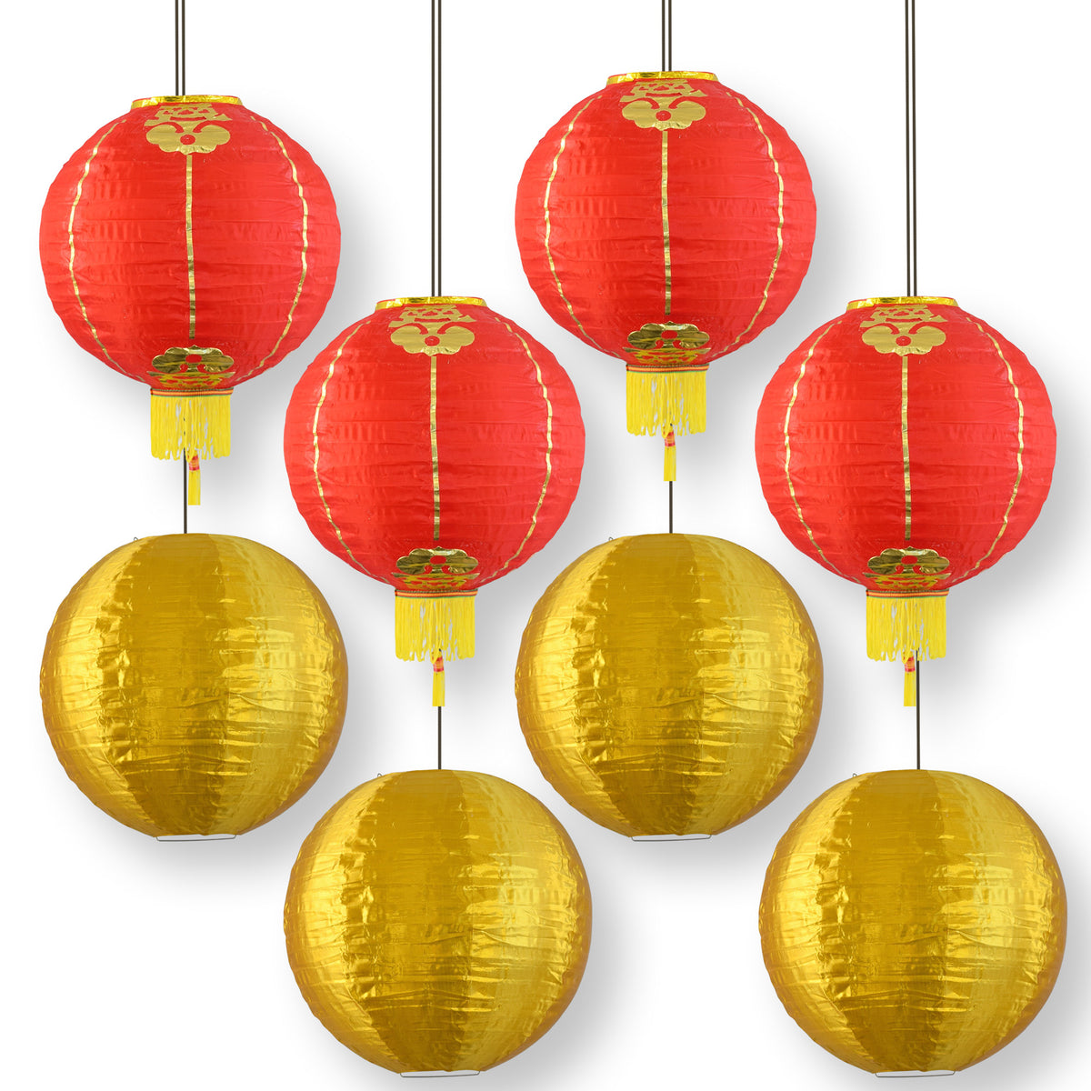 8 PACK | Chinese Lunar New Year Prosperity Nylon Lanterns, Red Gold Hanging Combo Set