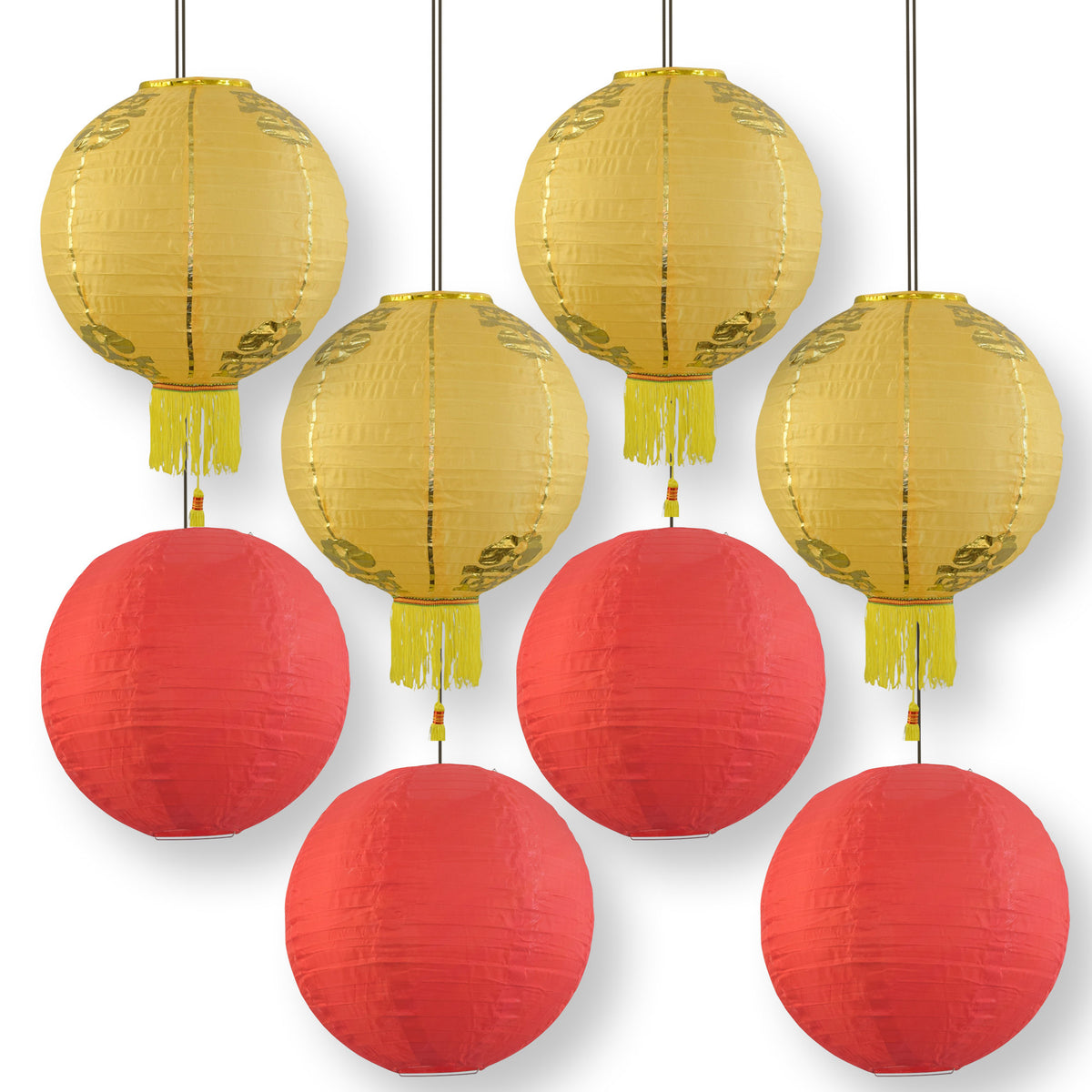 8 PACK | Chinese Lunar New Year Prosperity Nylon Lanterns, Yellow Red Hanging Combo Set