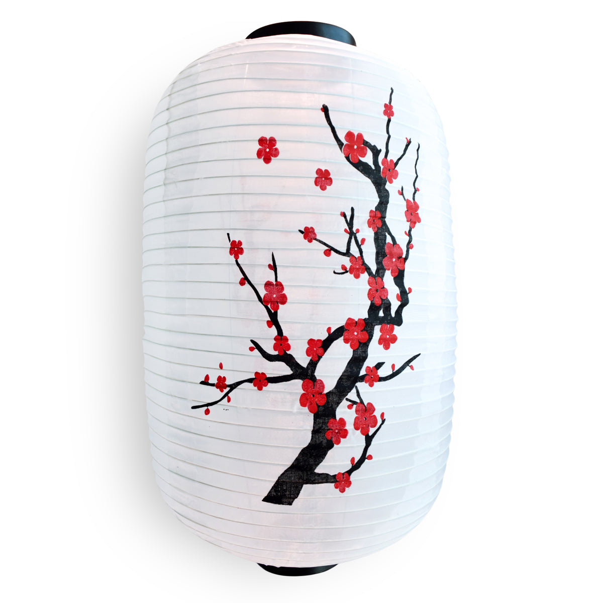 Large Japanese Style Nylon Lantern with Plum Tree Blossoms, White (12&quot;W x 19.5&quot;H)