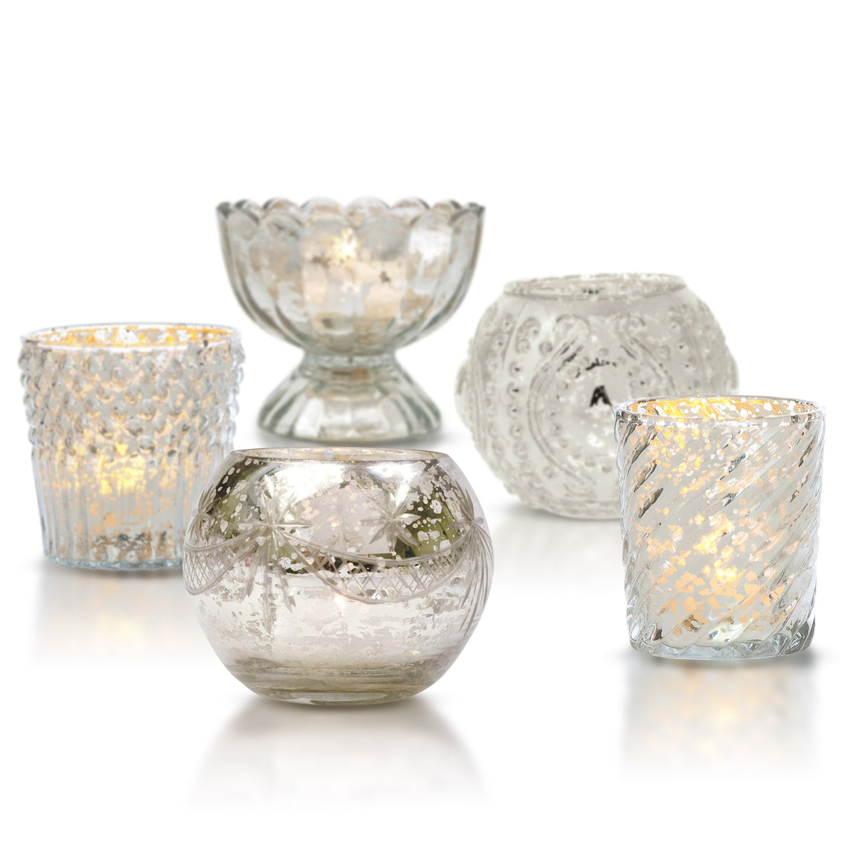 Best in Class Mercury Glass Votive Tea Light Candle Holder Set - Silver (5 PACK, Assorted Medium)