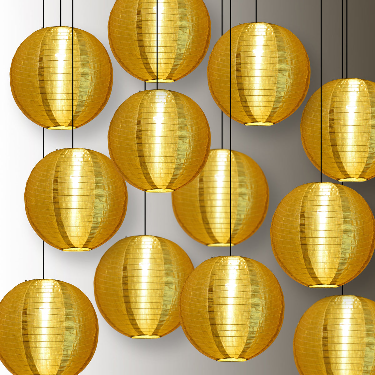 12 PACK | Gold Shimmering Nylon Lanterns, Even Ribbing, Durable, Hanging Decoration