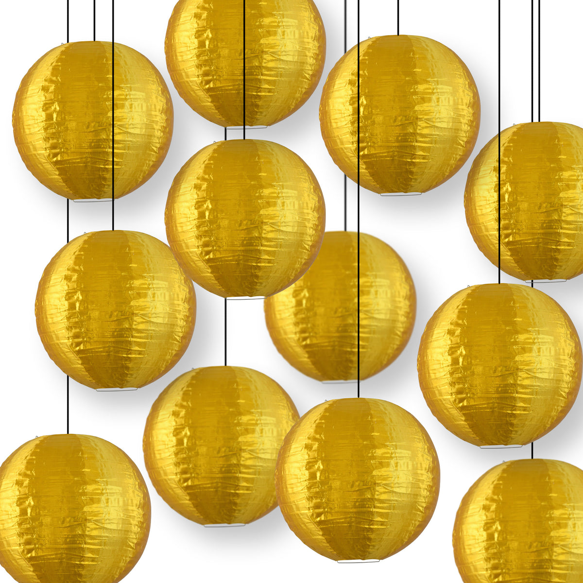 12 PACK | Gold Shimmering Nylon Lanterns, Even Ribbing, Durable, Hanging Decoration