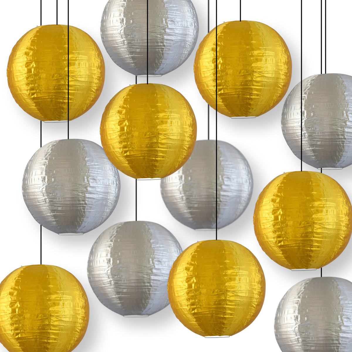 12 PACK | Gold and Silver Nylon Lantern Combo Pack, Even Ribbing, Durable, Hanging Decoration