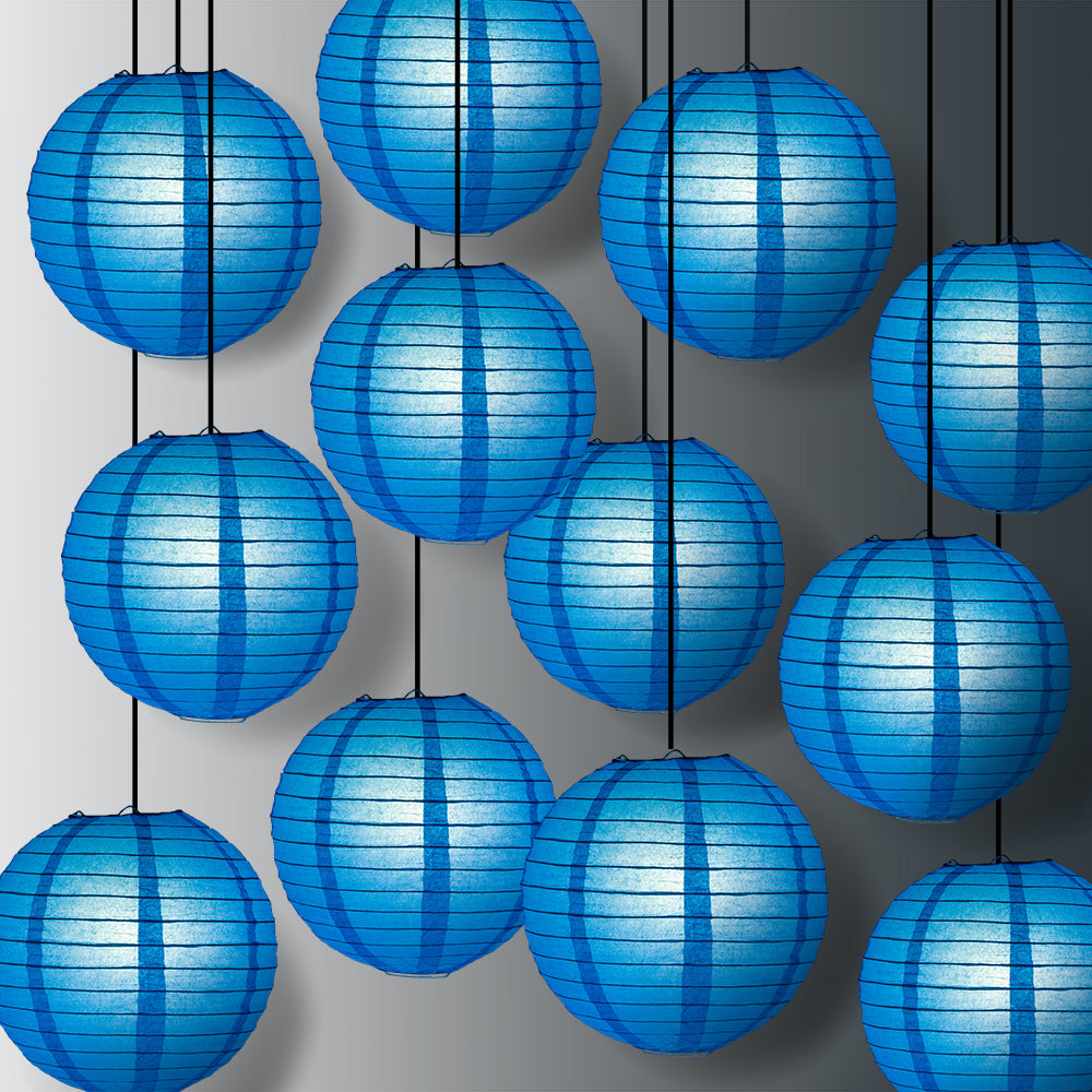 12 PACK | 12" Turquoise Blue Even Ribbing Round Paper Lantern, Hanging Combo Set - PaperLanternStore.com - Paper Lanterns, Decor, Party Lights & More