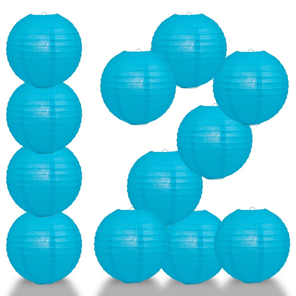 12 PACK | 12" Turquoise Blue Even Ribbing Round Paper Lantern, Hanging Combo Set - PaperLanternStore.com - Paper Lanterns, Decor, Party Lights & More