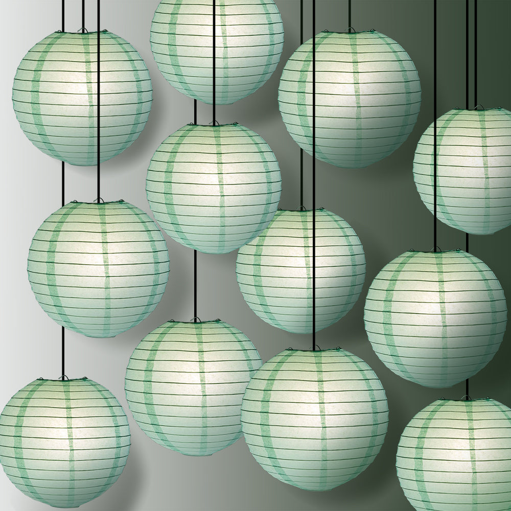 12 PACK | 12" Cool Mint Green Even Ribbing Round Paper Lantern, Hanging Combo Set - PaperLanternStore.com - Paper Lanterns, Decor, Party Lights & More