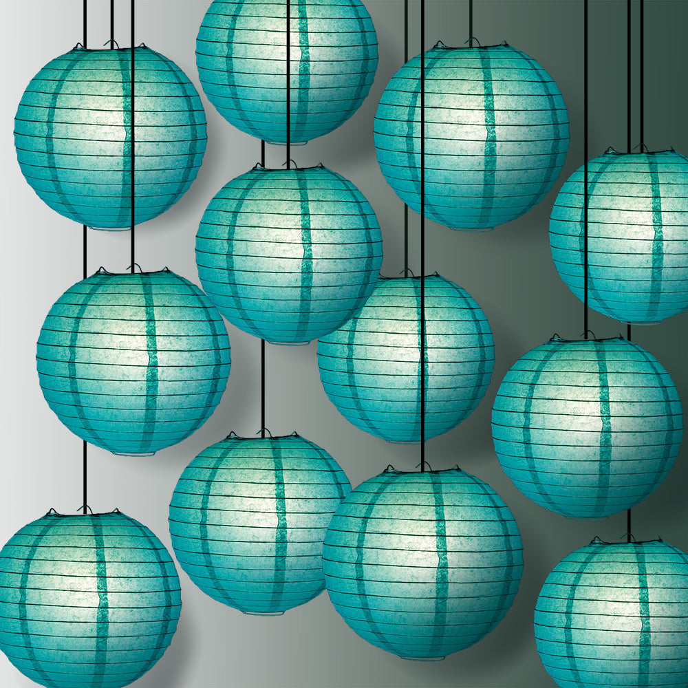 12 PACK | 12" Teal Green Even Ribbing Round Paper Lantern, Hanging Combo Set - PaperLanternStore.com - Paper Lanterns, Decor, Party Lights & More