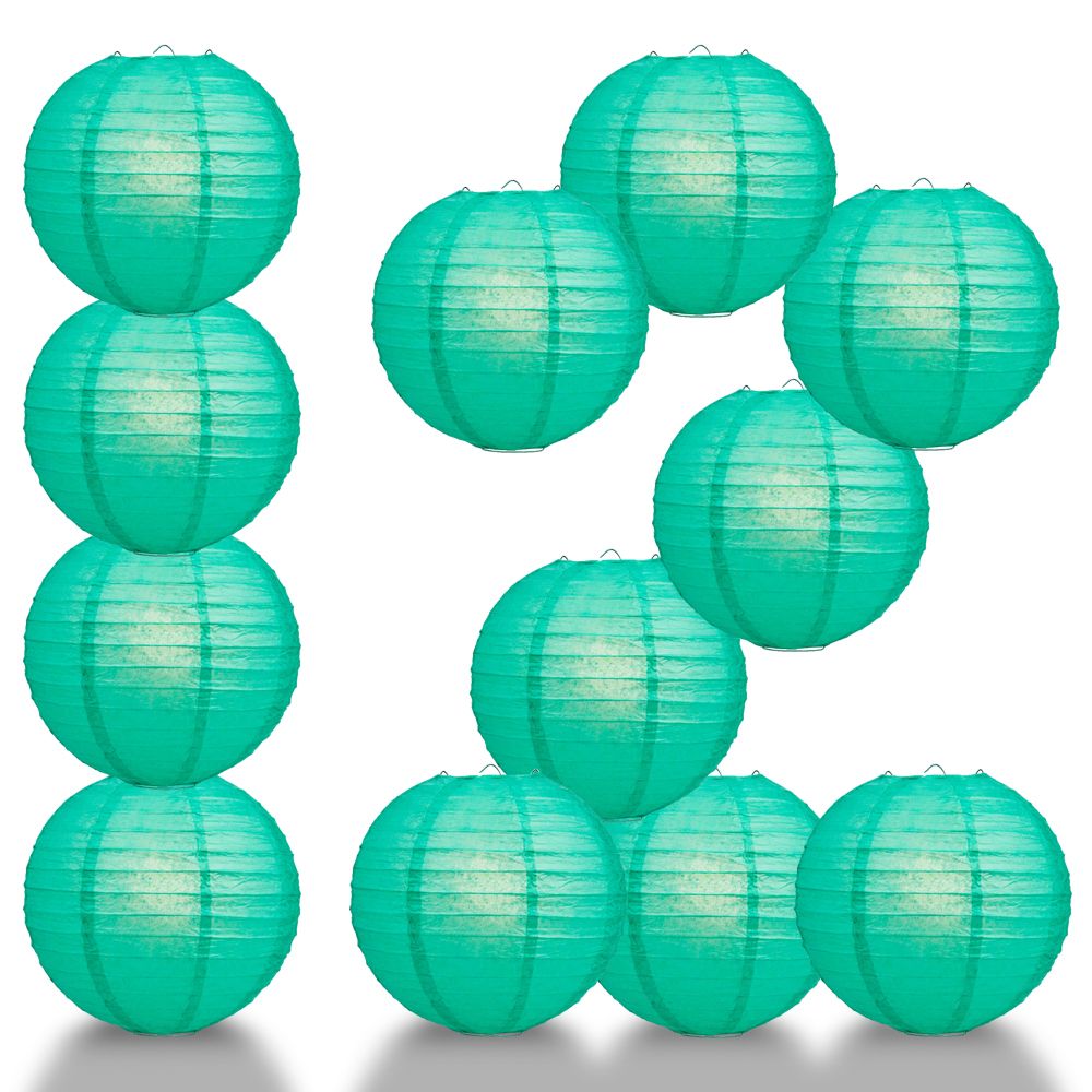 12 PACK | 12" Teal Green Even Ribbing Round Paper Lantern, Hanging Combo Set - PaperLanternStore.com - Paper Lanterns, Decor, Party Lights & More