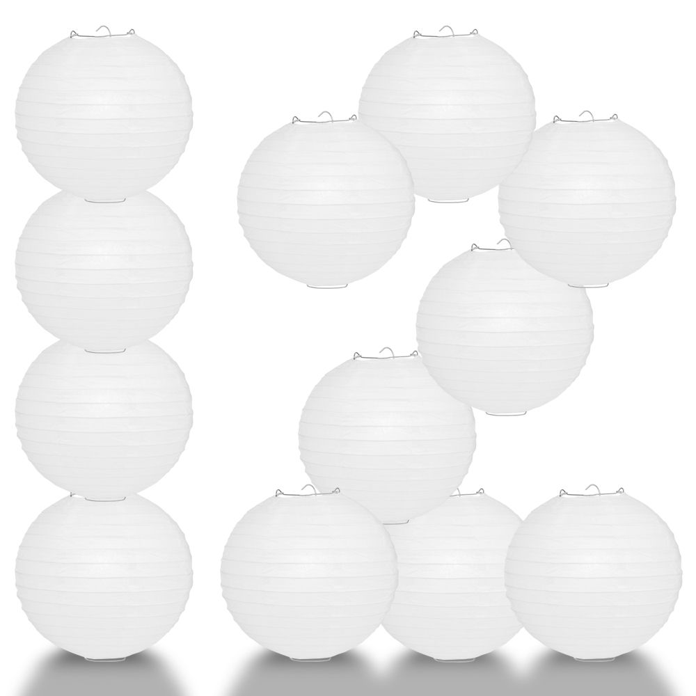 24 White Round Paper Lantern, Even Ribbing, Hanging Decoration