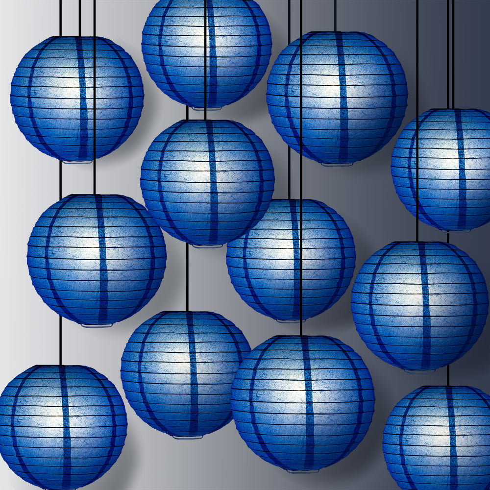 12 PACK | 12" Dark Blue Even Ribbing Round Paper Lantern, Hanging Combo Set - PaperLanternStore.com - Paper Lanterns, Decor, Party Lights & More