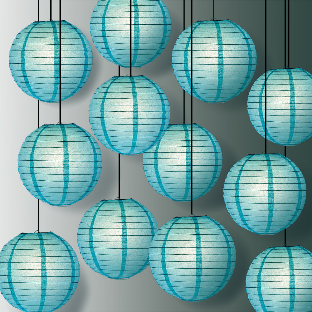 12 PACK | 12" Water Blue Even Ribbing Round Paper Lantern, Hanging Combo Set - PaperLanternStore.com - Paper Lanterns, Decor, Party Lights & More