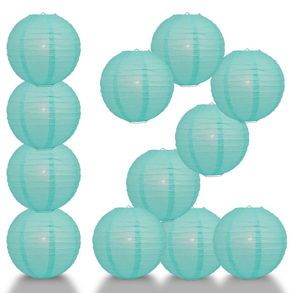 12 PACK | 12" Water Blue Even Ribbing Round Paper Lantern, Hanging Combo Set - PaperLanternStore.com - Paper Lanterns, Decor, Party Lights & More