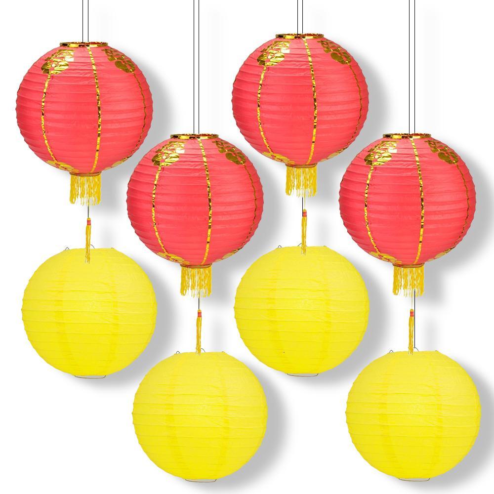 8 PACK | Red Yellow Chinese Lunar New Year Prosperity Paper Lantern, Hanging Combo Set