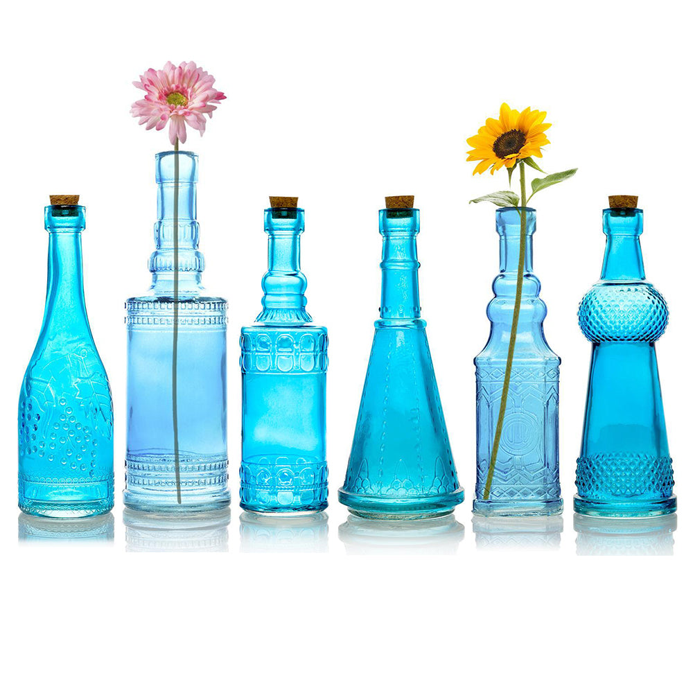 Best of Show Turquoise Blue Vintage Glass Bottles Set - (6 Pack, Assorted Designs)