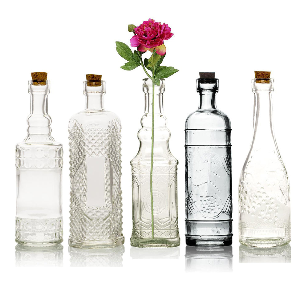 Shabby Chic Clear Vintage Glass Bottles Set - (5 Pack, Assorted Designs)