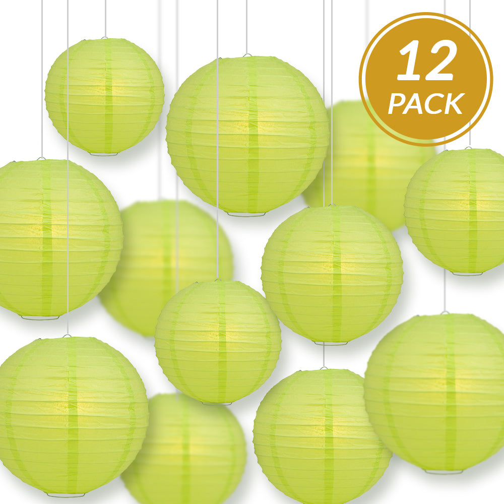 12-PC Light Lime Green Paper Lantern Chinese Hanging Wedding & Party Assorted Decoration Set, 12/10/8-Inch