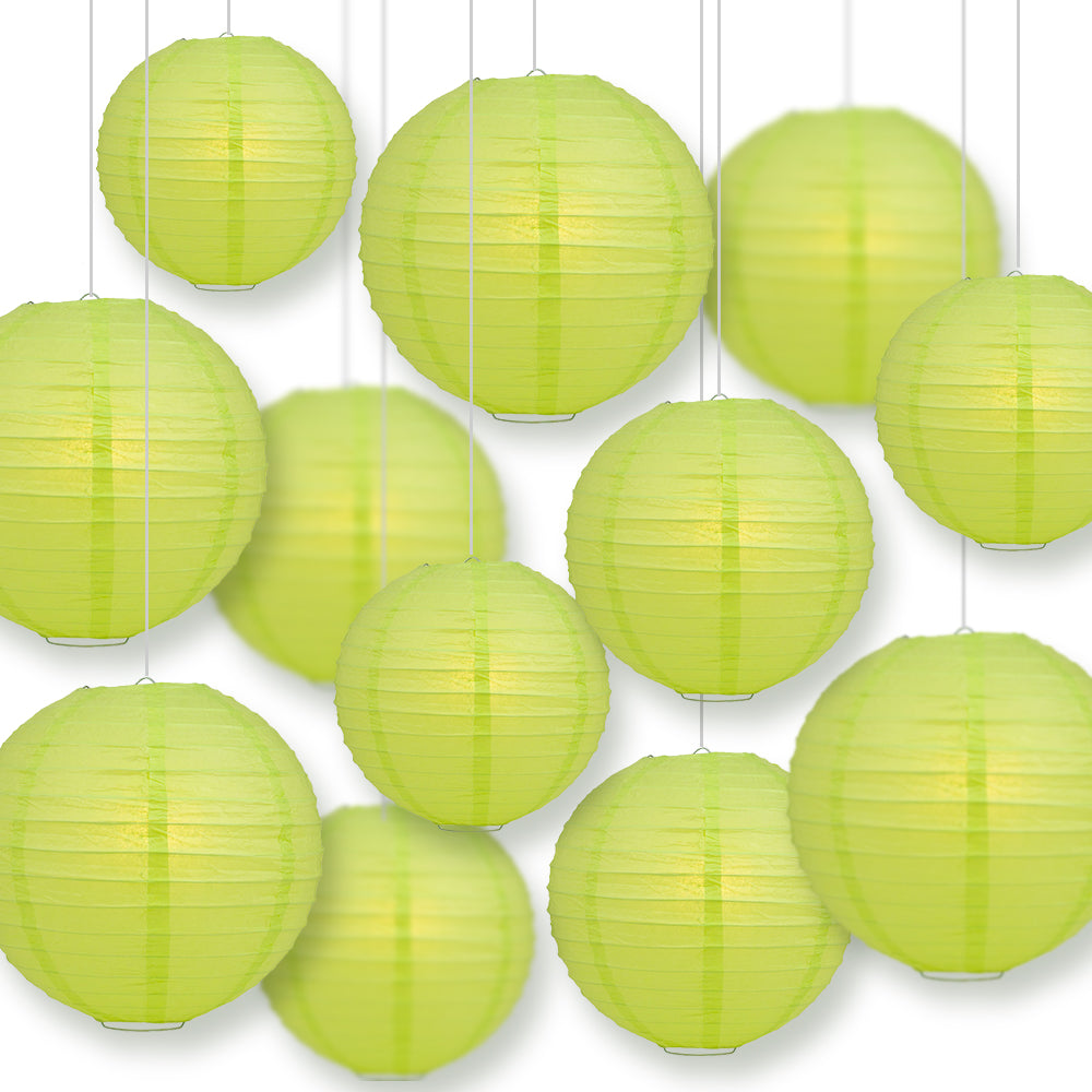 12-PC Light Lime Green Paper Lantern Chinese Hanging Wedding & Party Assorted Decoration Set, 12/10/8-Inch