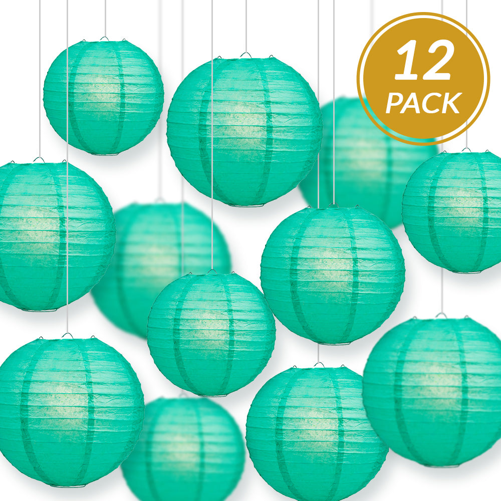 12-PC Teal Green Paper Lantern Chinese Hanging Wedding & Party Assorted Decoration Set, 12/10/8-Inch