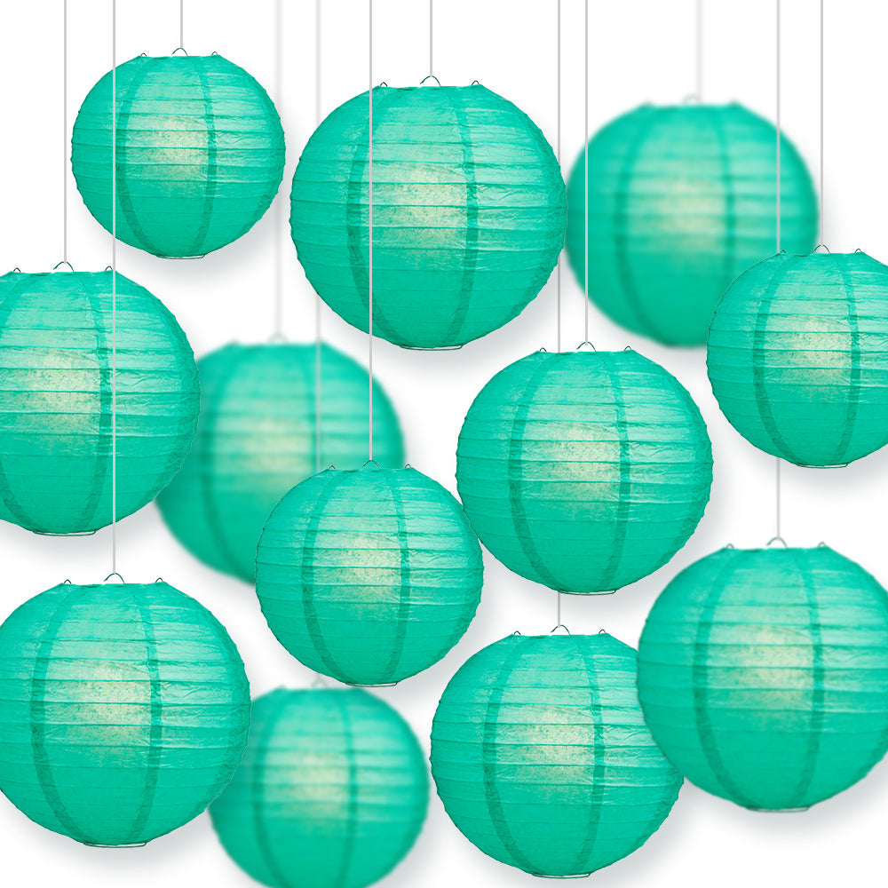 12-PC Teal Green Paper Lantern Chinese Hanging Wedding & Party Assorted Decoration Set, 12/10/8-Inch