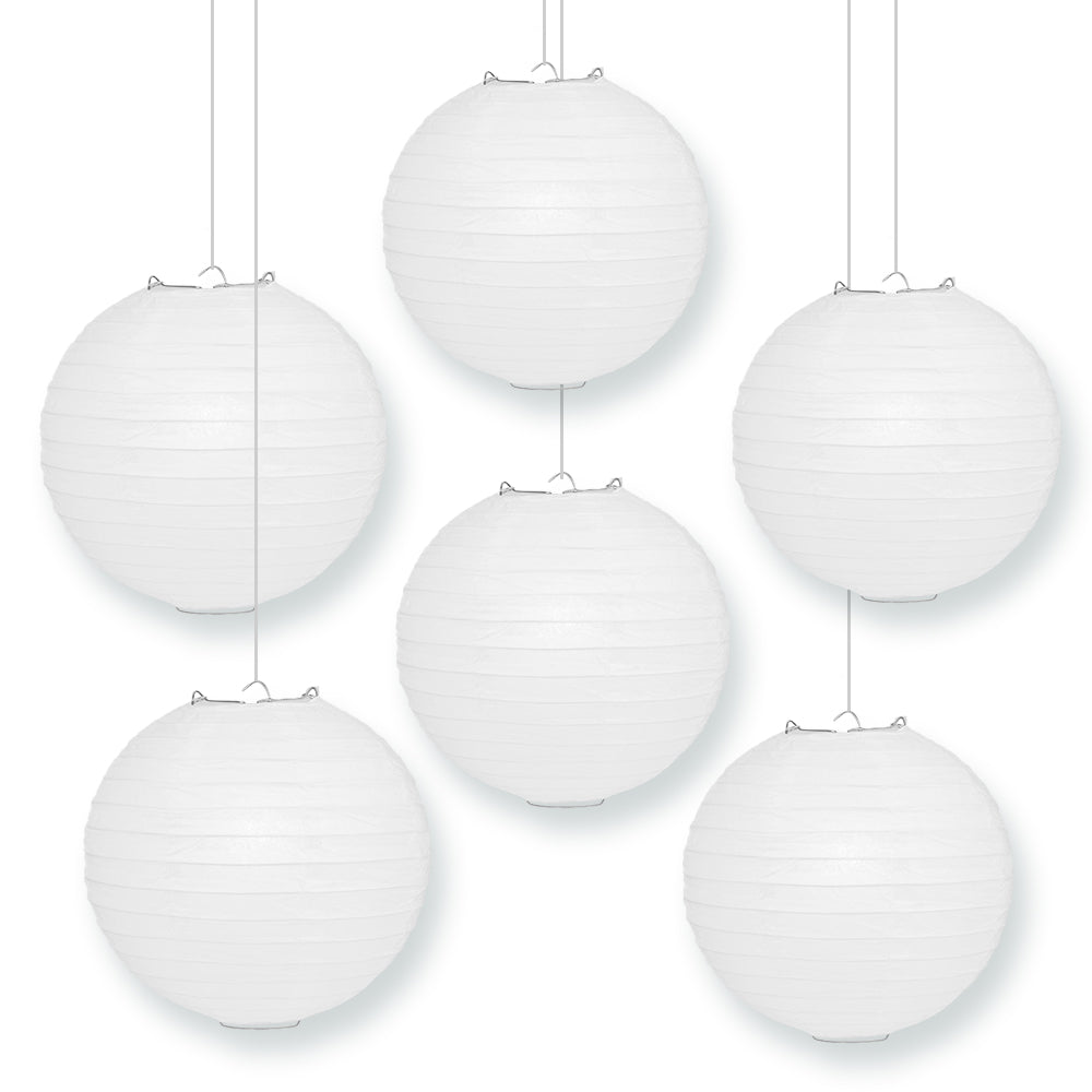 BULK PACK (6) 20" White Round Paper Lanterns, Even Ribbing, Hanging Decoration