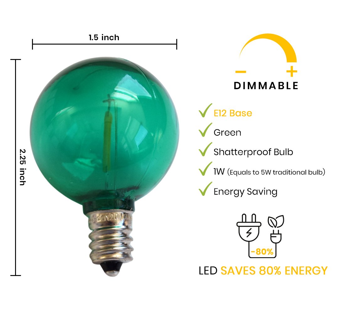 10-PACK Green LED Filament G40 Globe Shatterproof Energy Saving Color Light Bulb, Dimmable, 1W,  E12 Candelabra Base