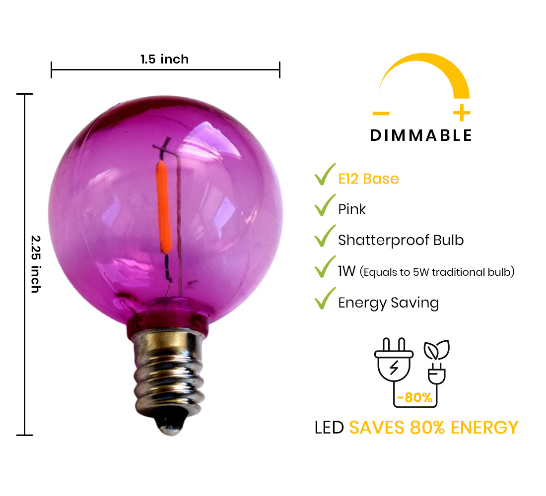 Fuchsia / Hot Pink LED Filament G40 Globe Shatterproof Energy Saving Color Light Bulb, Dimmable, 1W,  E12 Candelabra Base (Single)