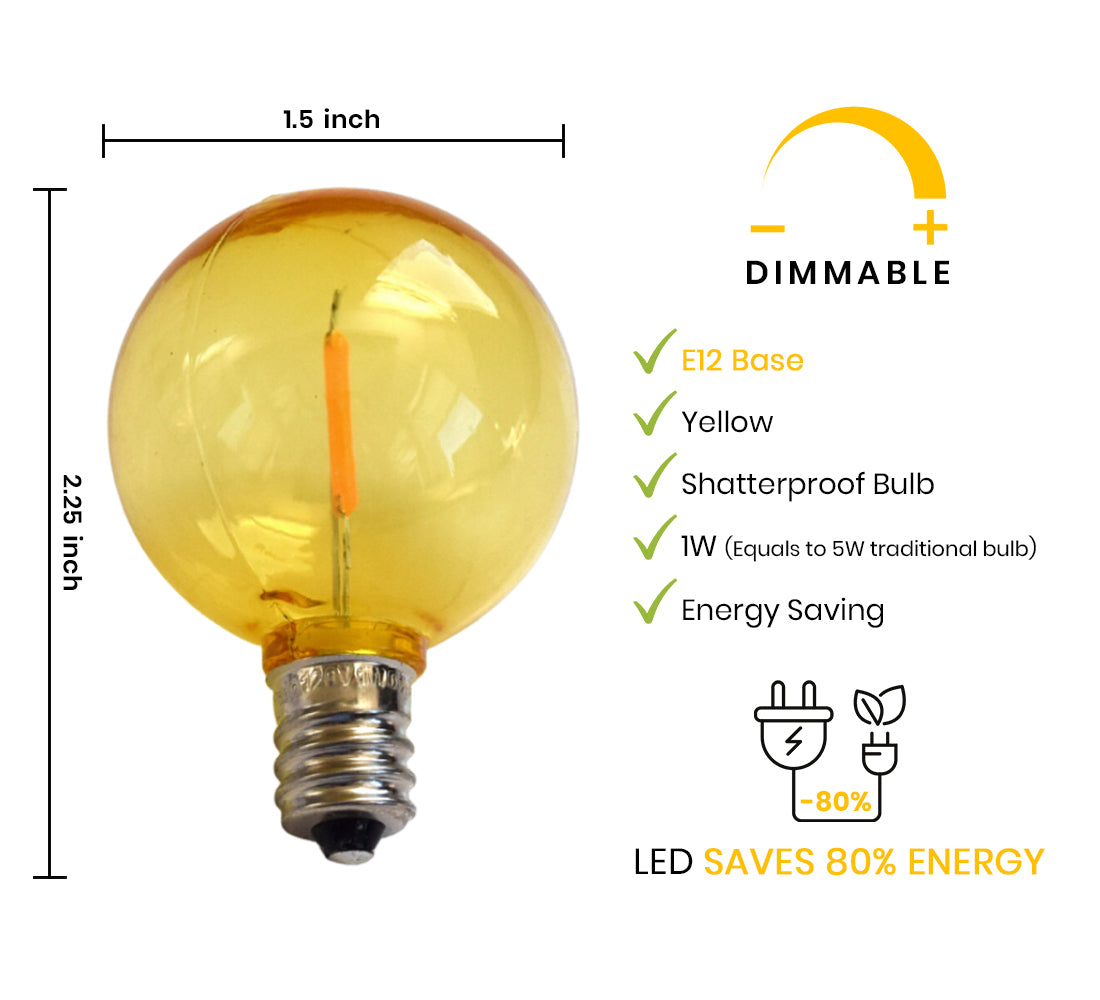 Yellow LED Filament G40 Globe Shatterproof Energy Saving Color Light Bulb, Dimmable, 1W,  E12 Candelabra Base (Single)