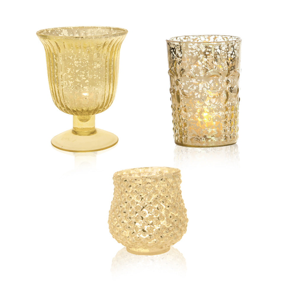 Mediterranean Gold Mercury Glass Tea Light Votive Candle Holders (Set of 3, Assorted Designs and Sizes)