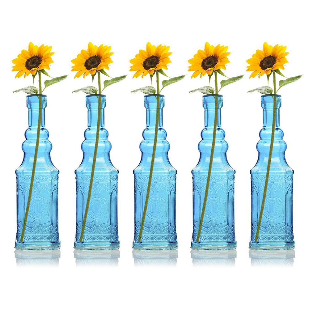 5 Pack - 6.5" Ella Turquoise Vintage Glass Bottle with Cork - DIY Wedding Flower Bud Vases