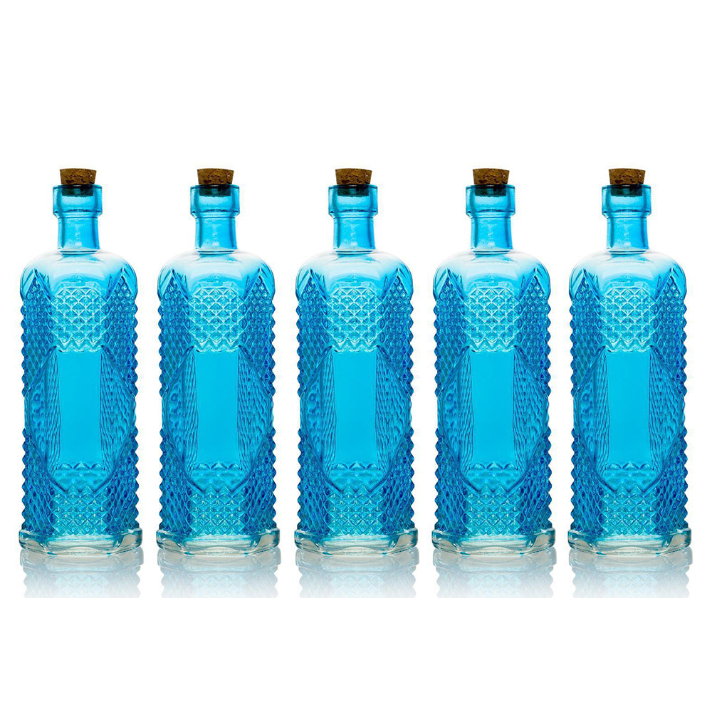 5 Pack - 6.5" Aria Turquoise Vintage Glass Bottle with Cork - DIY Wedding Flower Bud Vases