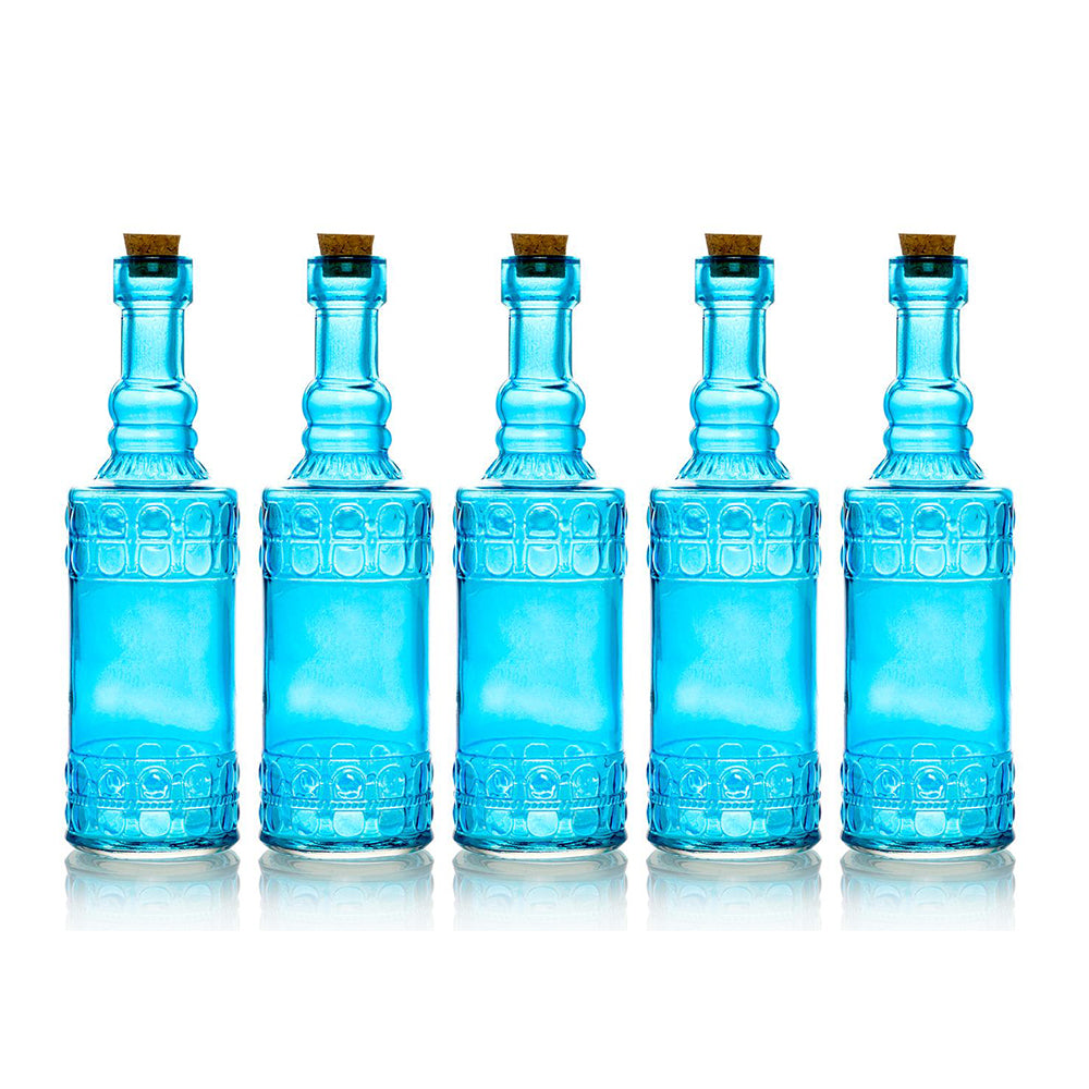 5 Pack - 6.6" Calista Turquoise Vintage Glass Bottle with Cork - DIY Wedding Flower Bud Vases