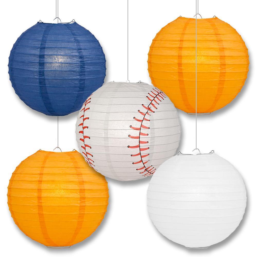 Houston Pro Baseball 14-inch Paper Lanterns 5pc Combo Party Pack - Navy Blue, Orange & White