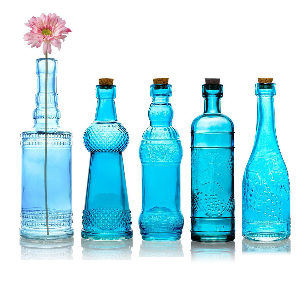 Shabby Chic Clear Vintage Glass Bottles Set - (5 Pack, Assorted Designs)