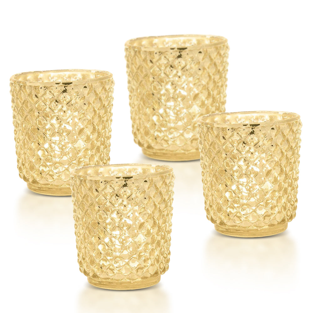 4-PACK | Vintage Mercury Glass Candle Holder (3-Inch, Small Rachel Design, Gold) - For use with Tea Light - Decorative Candle Holder for Home Decor and Wedding Centerpieces