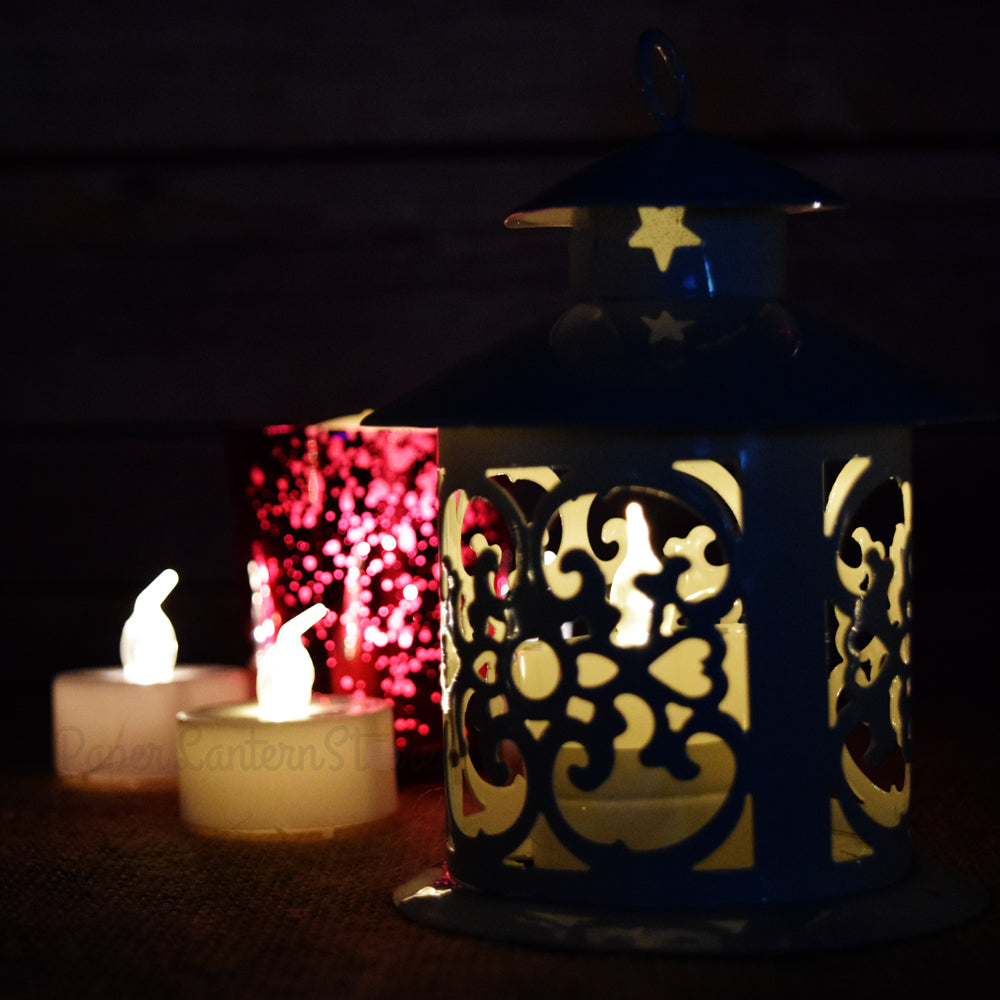 Battery Operated Lantern with LED Candle - Silver Snowflake
