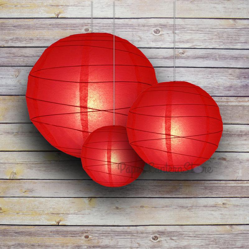 8/12/16" Red Round Paper Lanterns, Irregular Ribbing (3-Pack Cluster) - PaperLanternStore.com - Paper Lanterns, Decor, Party Lights & More