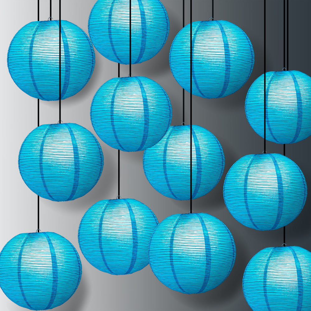 12 PACK | 12" Turquoise Blue Fine Line Premium Even Ribbing Paper Lantern, Extra Sturdy - PaperLanternStore.com - Paper Lanterns, Decor, Party Lights & More