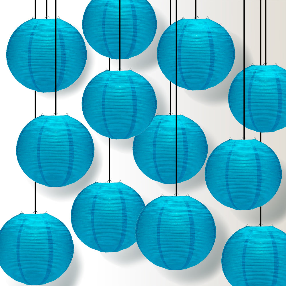 12 PACK | 12" Turquoise Blue Fine Line Premium Even Ribbing Paper Lantern, Extra Sturdy - PaperLanternStore.com - Paper Lanterns, Decor, Party Lights & More