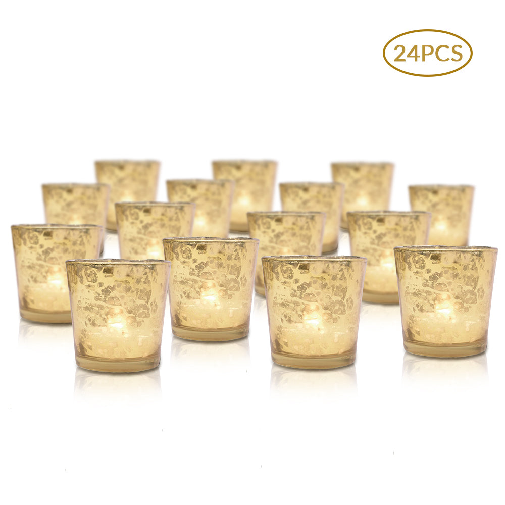 24 Pack | Vintage Mercury Glass Candle Holders (2.5-Inch, Lila Design, Liquid Motif, Gold) - For Use with Tea Lights - For Parties, Weddings and Homes - PaperLanternStore.com - Paper Lanterns, Decor, Party Lights &amp; More