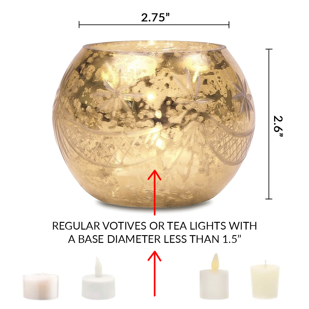 Vintage Mercury Glass Globe Holder (3-Inch, Mary Design, Gold) - For use with Tea Lights - Home Decor, Parties and Wedding Decorations - PaperLanternStore.com - Paper Lanterns, Decor, Party Lights & More