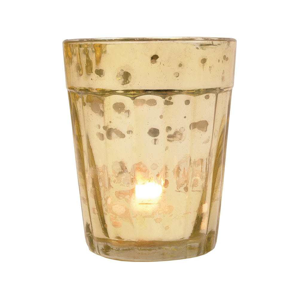 4 Pack | Vintage Mercury Glass Candle Holder (3.25-Inch, Katelyn Design, Column Motif, Gold) - For Use with Tea Lights - PaperLanternStore.com - Paper Lanterns, Decor, Party Lights & More