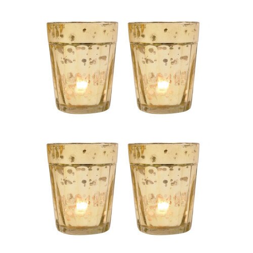 4 Pack | Vintage Mercury Glass Candle Holder (3.25-Inch, Katelyn Design, Column Motif, Gold) - For Use with Tea Lights - PaperLanternStore.com - Paper Lanterns, Decor, Party Lights & More