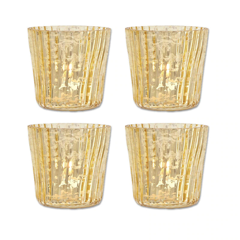 4 Pack | Vintage Mercury Glass Candle Holders (3-Inch, Caroline Design, Vertical Motif, Gold) - For use with Tea Lights - Home Decor, Parties and Wedding Decorations - PaperLanternStore.com - Paper Lanterns, Decor, Party Lights & More