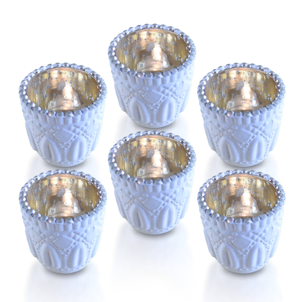 6 Pack | Faceted Vintage Mercury Glass Candle Holders (2.75-Inch, Lillian Design, Antique White) - Use with Tea Lights - For Home Decor, Parties and Wedding Decorations - PaperLanternStore.com - Paper Lanterns, Decor, Party Lights & More